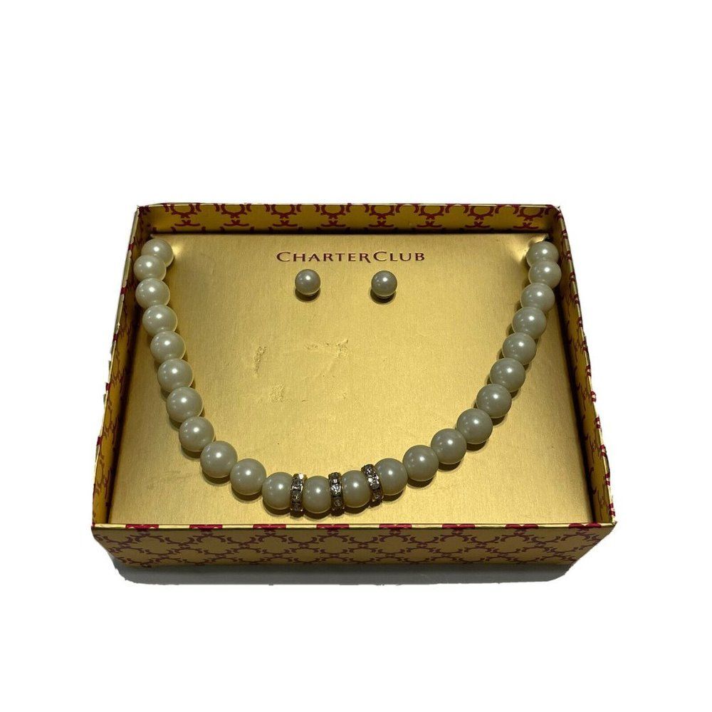 NEW Charter Club Crystal Faux Pearl Pendant Necklace & Earrings Wedding Set